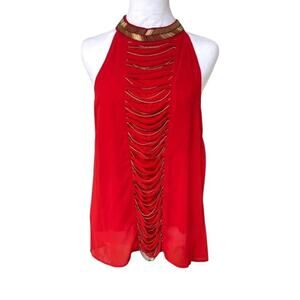 VINTAGE Y2K XOXO RED CUT OUT BEADED HALTER TOP LONG TANK BLOUSE LARGE